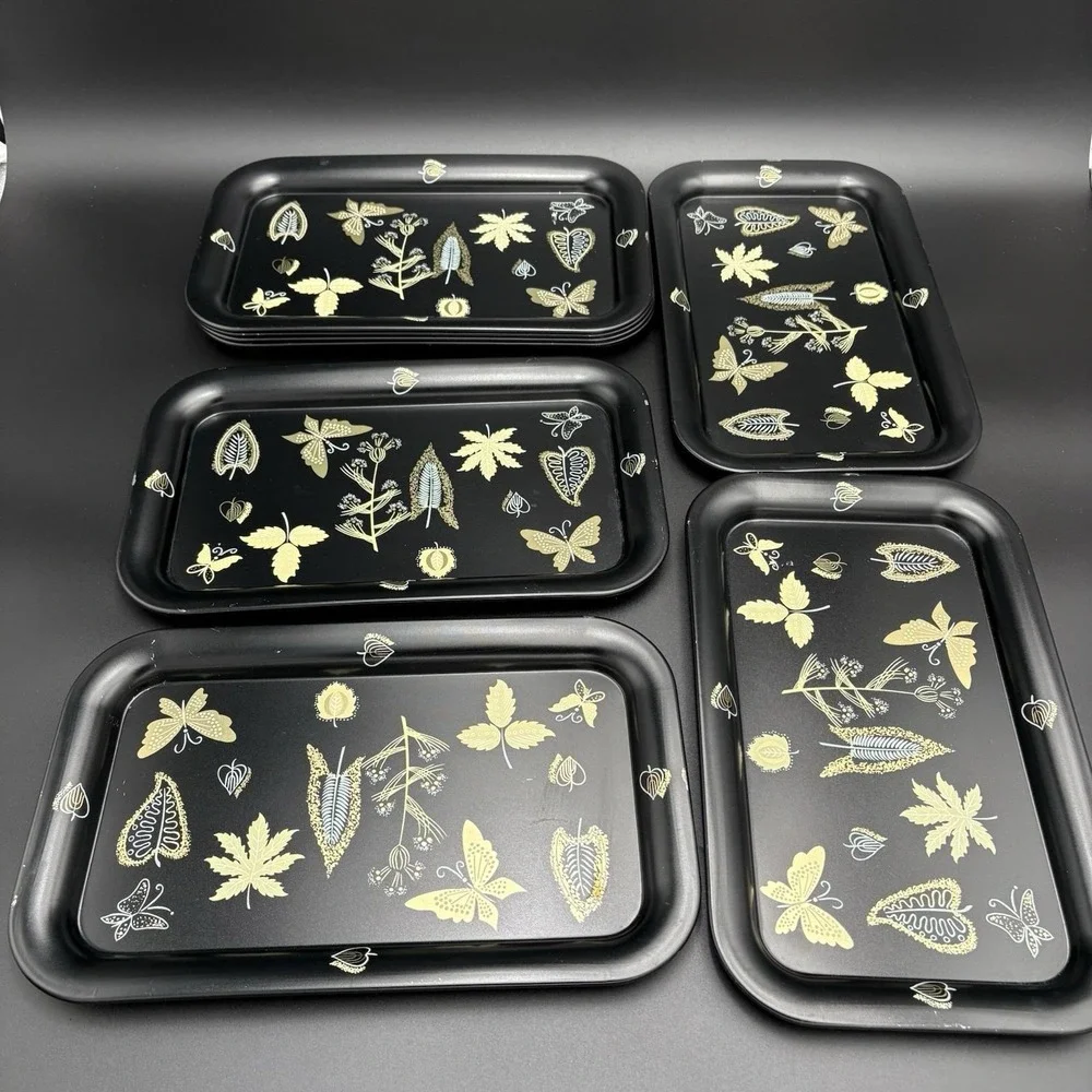 MCM Metal Trays Serving Platters Butterflies Leaves Flowers Black Gold 1960 8pc